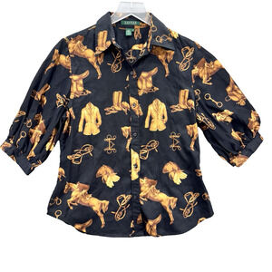 Ralph Lauren Womens Equestrian Horse Print Shirt Size M Brown Black Old Money